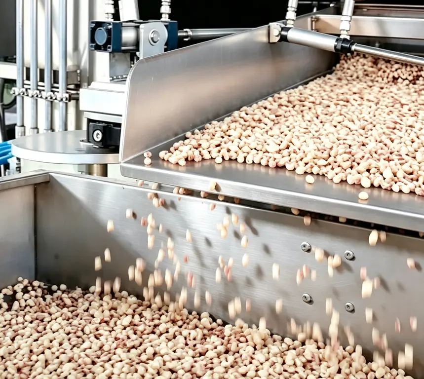 Coated peanuts in the rotary roaster — Ultipower Tech nut processing machine in production
