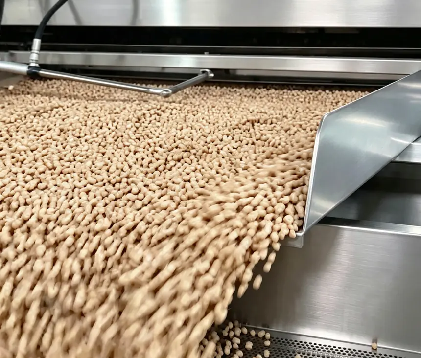 Rotary roaster hydraulic discharge — Ultipower Tech nut processing machine in production