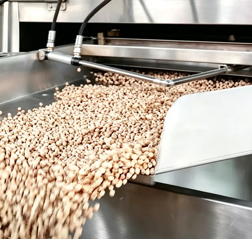 Coated peanut, roasted and discharged — Ultipower Tech nut processing machine in production